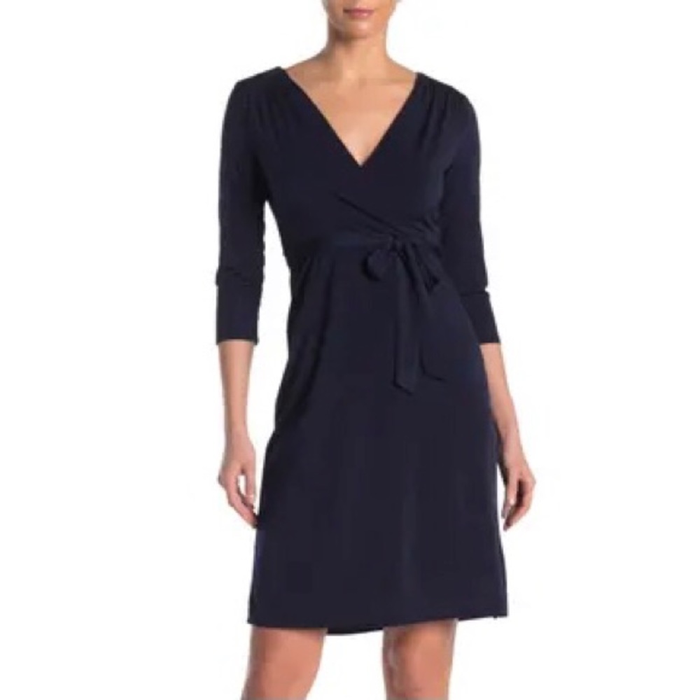 New KENEDIK Navy Faux Wrap Dress with Smocked Shoulder sz M